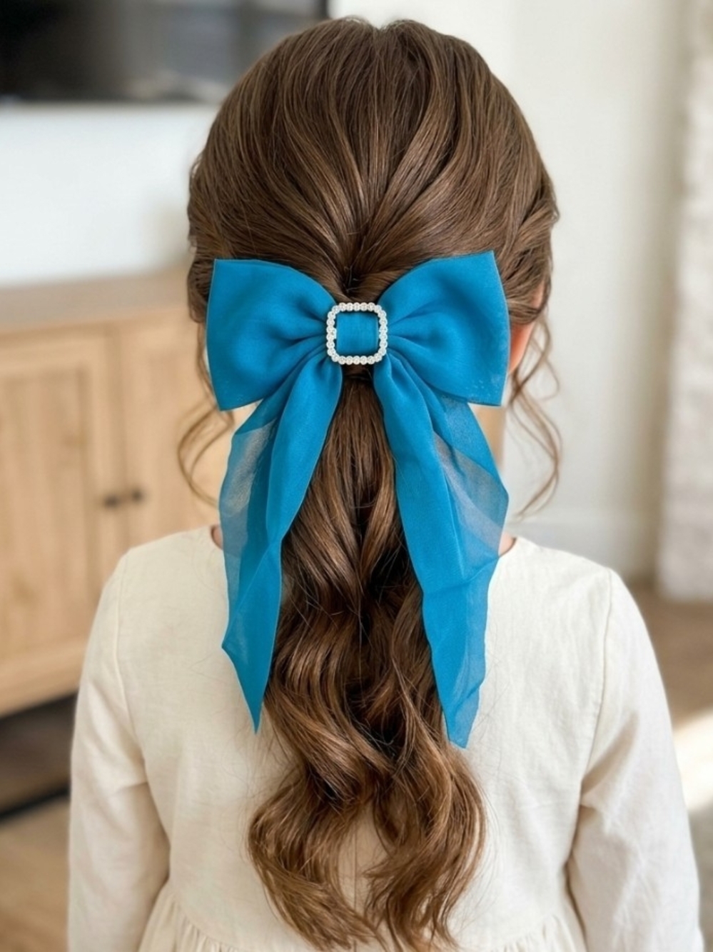 XL Blue Bow Hair Clip with Pearl Accent - Kids Accessories